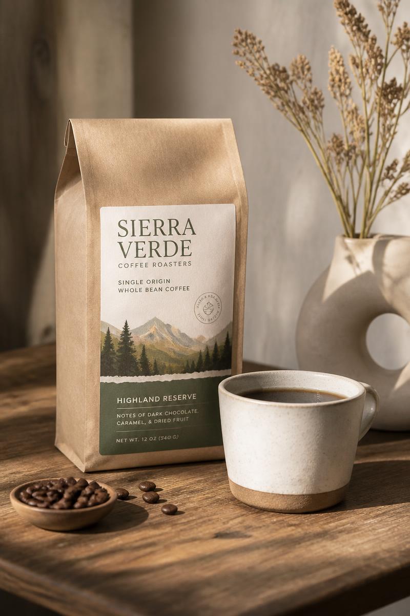 Packaging de café artesanal con taza sobre mesa de madera