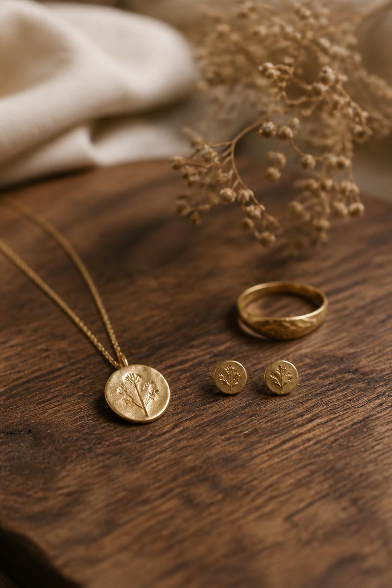 Joyería de oro sobre madera natural con luz cálida