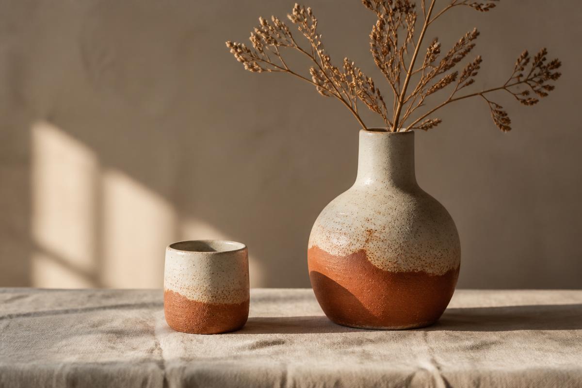 Vasija y taza de cerámica artesanal sobre lino con luz natural